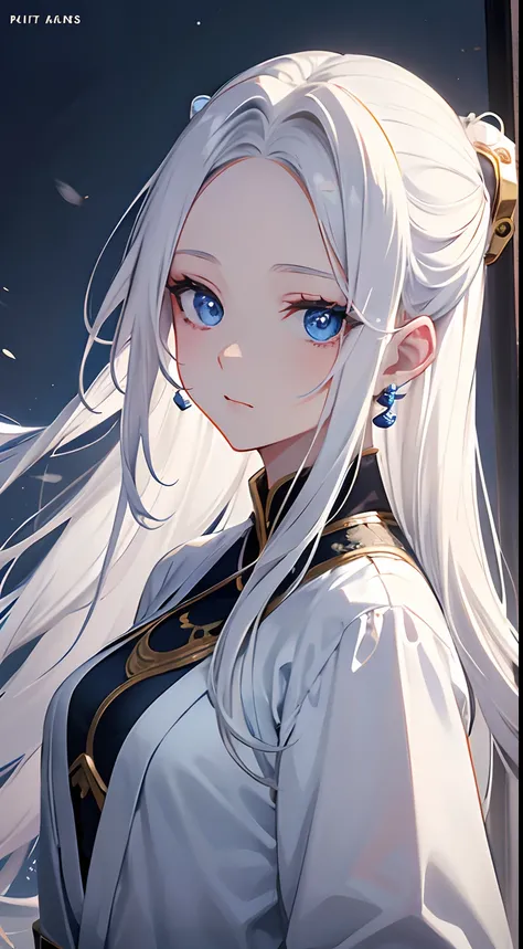 Cover magazine, anime, woman, solo, long hair, white hair, blue eyes, model, beautiful, fantasy, Casual clothes. Hair accessories. Unusual hairstyles. Earrings. Upper body potrait. (forehead comma hair in right:10%)