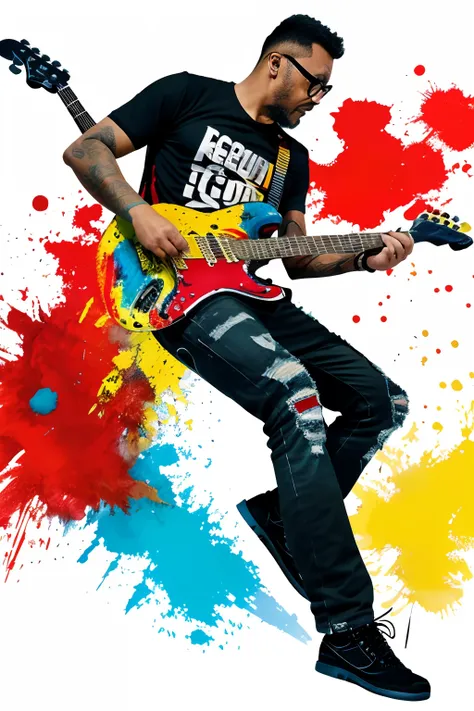 guttojugg1, Imagine a T-shirt print in a colorful splatter paint style featuring a man wearing glasses, a black rock T-shirt, black ripped jeans, and black combat boots, (((playing a Stratocaster guitar))) in a virtuoso pose. This illustration is highly de...