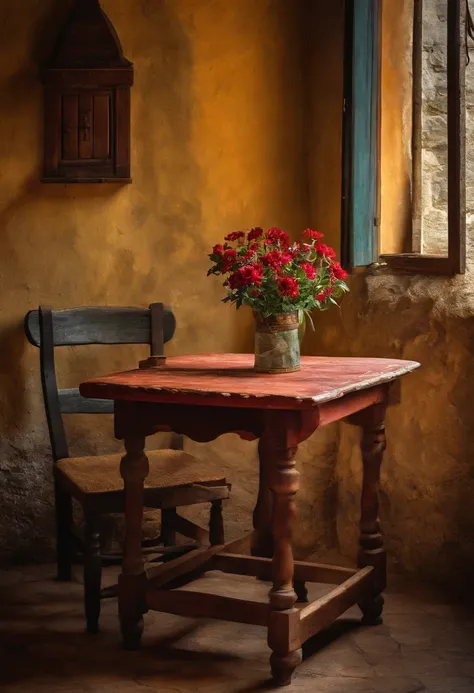 A photo of a small rustic table, detalhada e colorida. Italy