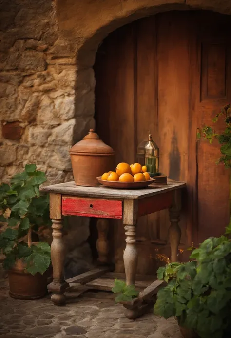 A photo of a small rustic table, detalhada e colorida. Italy