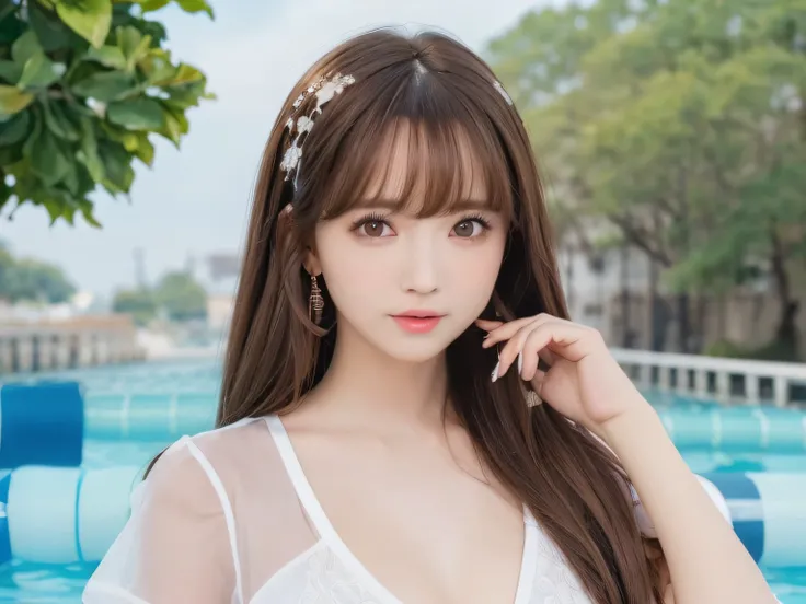 pureerosface_v1, top-quality, Photorealsitic, 8K, hight resolution, 2girls, femele, (Skindentation), (portlate:0.6), a gorgeous, dynamicposes, ((poolsidebackground:1.6)), coconut tree, ((Medium Size Round Breast, White blouse:1.4)), straight look at viewer...