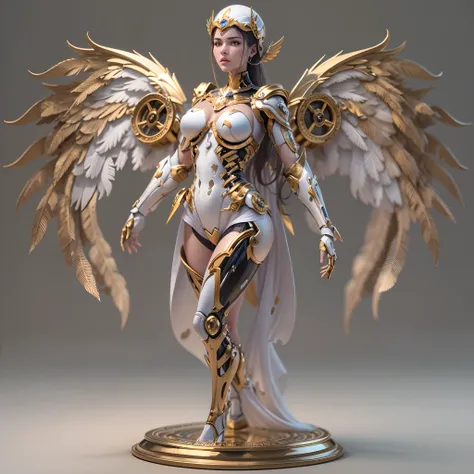 estilo, tema dourado, (1 mechanical female angel, anatomicamente correto, corpo inteiro, asas douradas, standingn, base circular), fundo preto e branco, (3D-rendering, melhor qualidade, alto detalhe, obra-prima, arte oficial, cinematic lighthing, 4K, claro...