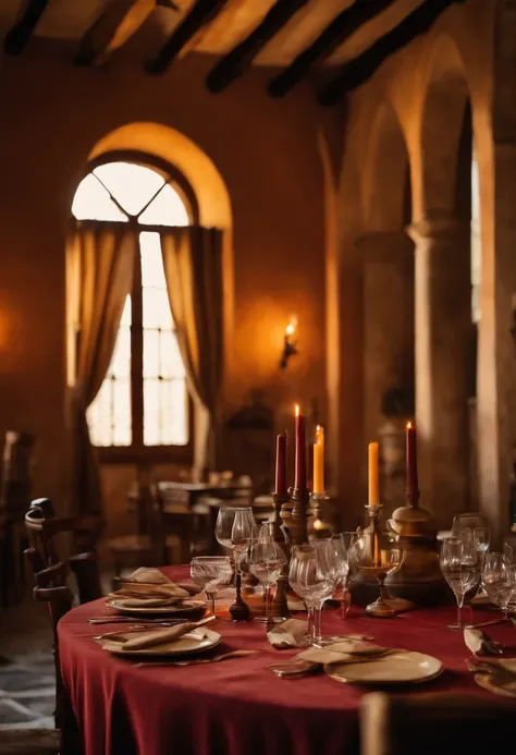 Italian winery, Rustic table, Free space in the middle, copos, velas e lareira ao fundo, Gluing Utensils. Italy