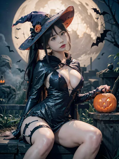 1girl in, A Japanese Lady, 15yo student, purple color  hair, Colossal tits, 1 Sit with bats before the full moon, halloween art style, Witch in shiny platinum silver tight dress, witchs hat, Purple cloak, Flat Vector Art, in a halloween style, Magic O Lant...