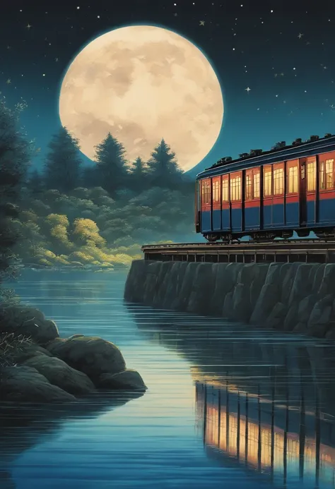 Old Japanese train crossing the water on rails, Calm starry sky, A peaceful. Illustration by Studio Ghibli, pastel