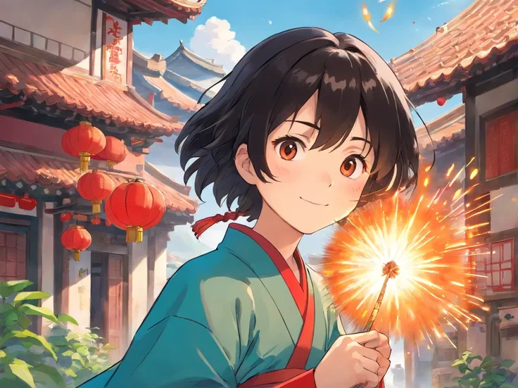 Picture book characters、The weather in China is sunny，This place is a Zhuang village with low houses、Playing、Bright atmosphere、Handsome 15 year old Zhuang costume boy with black hair、With red firecrackers、dressed in：Zhuang costumes