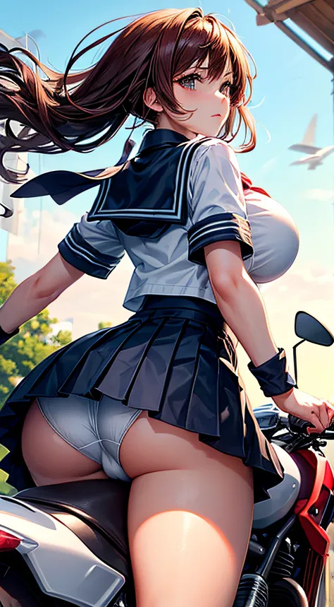 Red sports type motorcycle, high school girl, big breasts, white sailor uniform, skirt removed, white underwear on top and bottom, fluffy golden hair, straddling, seen from behind, wind blowing, anime dick.