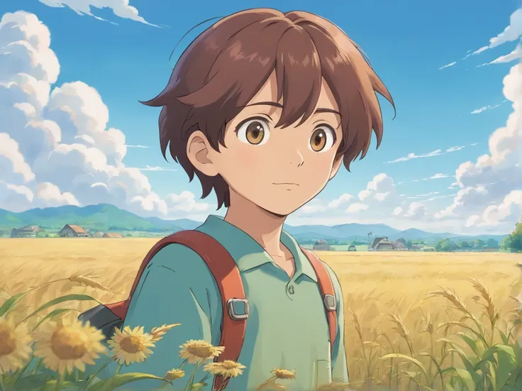 Picture book characters、A 15-year-old boy stands in a field and looks into the distance，Positive perspective、There are many farmers working in the field background、Ghibli style、Humanity