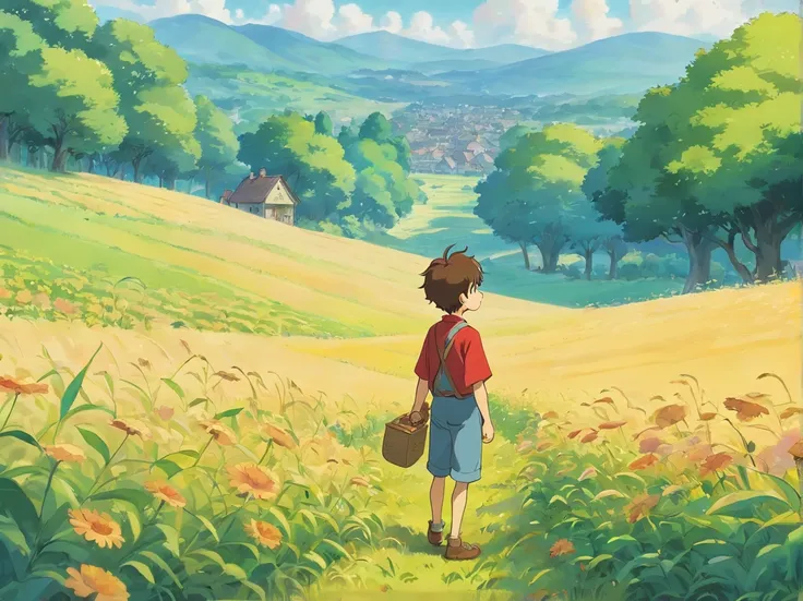 Picture book characters、A 15-year-old boy stands in a field and looks into the distance，Positive perspective、There are many farmers working in the field background、Ghibli style、Humanity