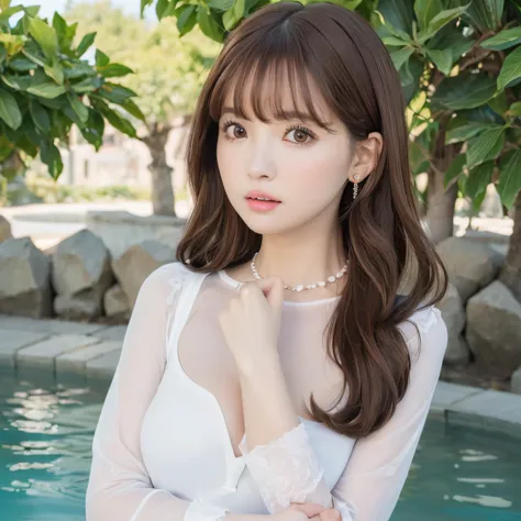 pureerosface_v1, top-quality, Photorealsitic, 8K, hight resolution, ２People Girls, femele, (Skindentation), (portlate:0.6), a gorgeous, dynamicposes, ((poolsidebackground:1.6)), coconut tree, ((Medium Size Round Breast, White blouse:1.4)), straight look at...