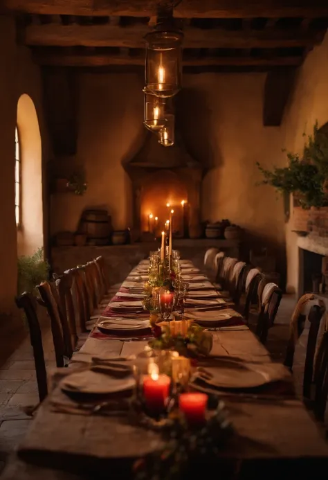 Italian winery, Rustic table, Free space in the middle, copos, velas e lareira ao fundo, Bonding of Utensils. Italy