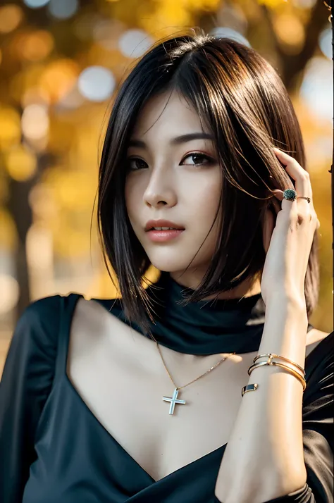 a 20 yo woman、(hi-top fade:1.3)、length hair、Dark theme、soothing tones、Subdued Color、highly contrast、(natural skin textures、Hyper-Realism、Soft light、sharp)、Beginning of autumn、Gorgeous Autumn Dresses、a necklace、A bracelet、耳Nipple Ring