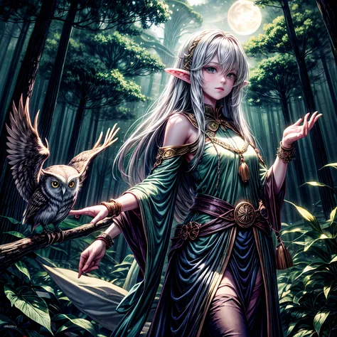 forest at night、Elven sage with owl on outstretched arm stands