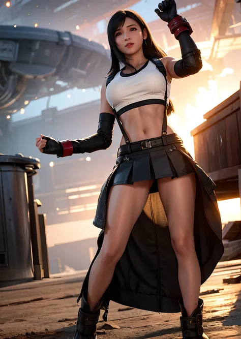 (Photorealistic: 1.4), top quality, very delicate and beautiful, high resolution, 1girl, tifa_lockhart, full body,smile, cowboy shot,fighting posision, suspenders, low rise, mini skirt, tank top, tense shirt, black hair, long hair, elbow gloves, beautiful ...