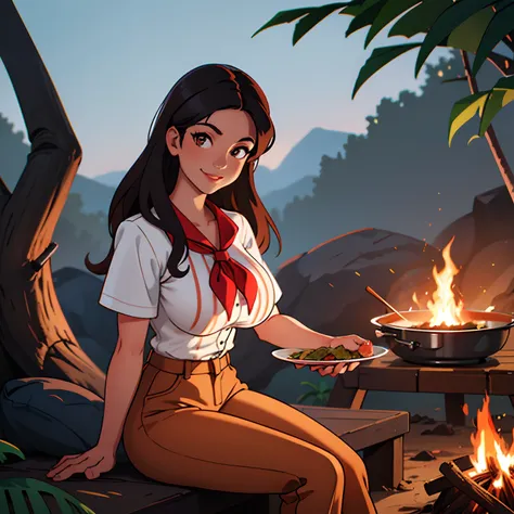 large format photo of Denise Milani, brown skin, latina, copper skin, large breasts, tan skin, long hair, red neckerchief, white button pinstripe shirt, brown pants, jungle, sitting at a campfire, cooking food in a hot pan, smiling at viewer, cinematic lig...