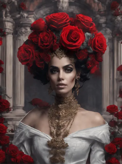 (Skeleton with red flowers on its head）, (((skelleton)) ），（Dark skeletons）, （skelleton：1.37），Style fusion, （Skeleton half）, （The skeleton blends perfectly with the clothes），still from a music video, Skeleton made of red roses,. The rose was inspired by Héd...