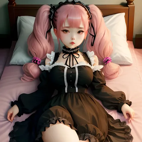 Hairstyle is Twintails、Her hair color is pink、Clothes Gothic Lolita、Breasts are big、lying on the bed、Her skirt is taken off、Wearing black lace shorts、arms crossed over the head、Demagoguery