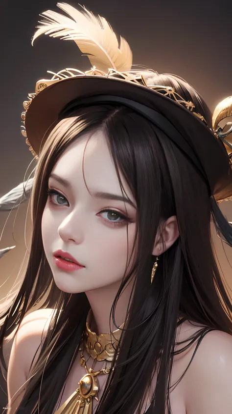 Drawing a woman with long hair and a feather hat, detailed portrait of girl, portrait girl, Artgerm. High detail, stunning anime face portrait, digital anime art, art germ. Anime illustration, detailed digital art, girl portrait, Guvez style artwork, reali...