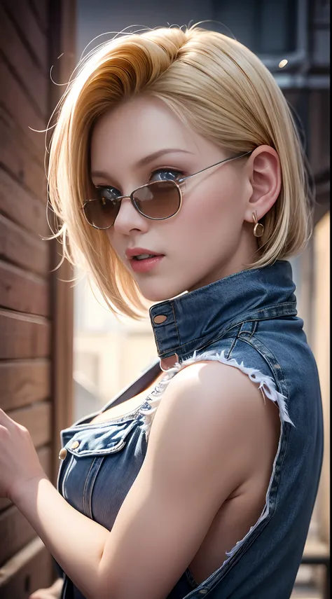 Best Quality, hight resolution, and18, 1girl in, Android 18, Solo, Blonde hair, Blue eyes, Short hair, A smile，earrings, Jewelry, Denim Vest, open vest, white t-shirts，damage jeans，Wearing sunglasses，tiny chest, Pose with your buttocks sticking out and tur...