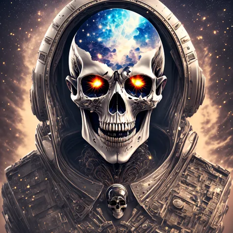 Starry sky, art, man, skull, bones,Open mouth，Missing teeth， minimalism, no hair,  letterboxed, skull, solo, 1boy, male focus, skeleton, white background, simple background, jacket, upper body, intricatedesign, Ultra-detailed vector artwork, Floating, Dyna...