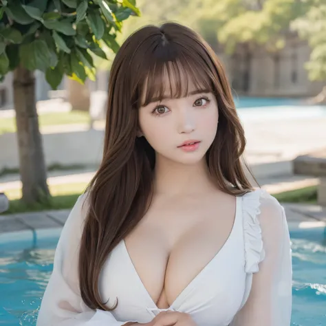 pureerosface_v1, top-quality, Photorealsitic, 8K, hight resolution, ２People Girls, femele, (Skindentation), (portlate:0.6), a gorgeous, dynamicposes, ((poolsidebackground:1.6)), coconut tree, ((Medium Size Round Breast, White blouse:1.4)), straight look at...