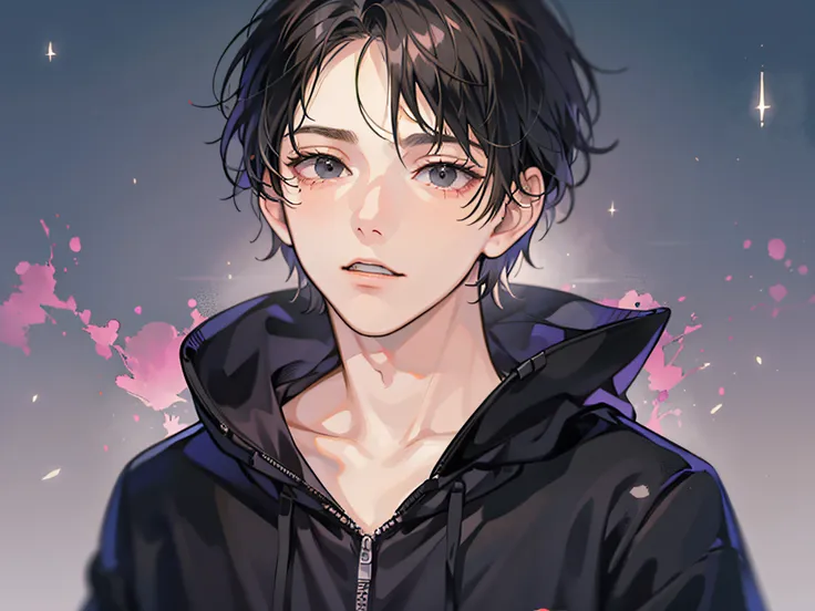 masutepiece, Detailed picture, 20-year-old man, The upper part of the body, A dark-haired, Black eyes, gloom, Wearing a sweatshirt, The background is a town