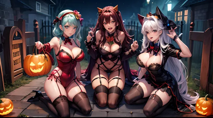 multiple hot adult anime women in very slutty costumes trick or treating in a grave yard with ghosts, Frankenstein, and pumpkins in the style of anime and make it nsfw