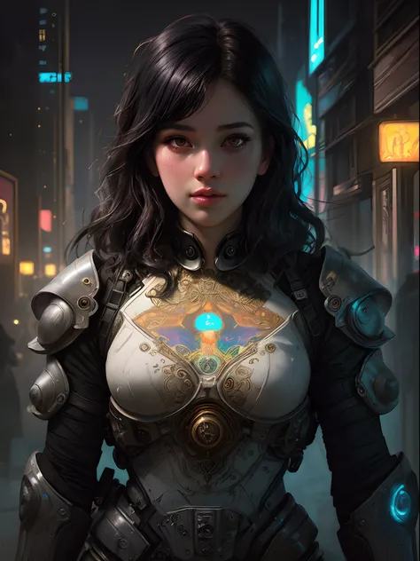 Stunning photorealistic portrait oil painting of 1 beautiful cyberpunk girl, white skin, black shapeless cyberpunk hair, baroque intricate cyber armor, solo, hyperdetailed painting, luminism, Bar lighting, complex, white eyebrows, 4k resolution concept art...