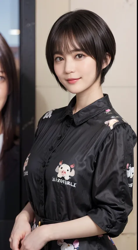 59
(a 20 yo woman,is standing), (A hyper-realistic), (Masterpiece), ((A dark-haired、short-hair:1.3)), (breast), kindly smile, (Clothing printed with animal characters)