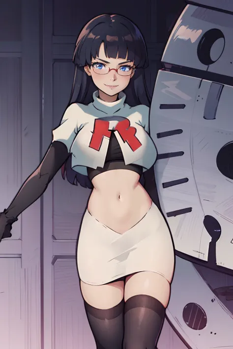 Gneisenau (Azur Lane), glasses,beautiful detailed eyes, periwinkle hair, long hair, team rocket,team rocket uniform, red letter R, white skirt,white crop top,black thigh-highs,black elbow gloves, sinister smile