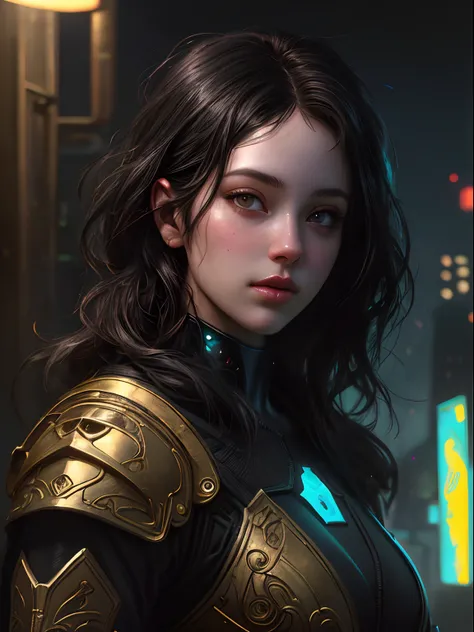 Stunning photorealistic portrait oil painting of 1 beautiful cyberpunk girl, white skin, black shapeless cyberpunk hair, baroque intricate cyber armor, solo, hyperdetailed painting, luminism, Bar lighting, complex, white eyebrows, 4k resolution concept art...