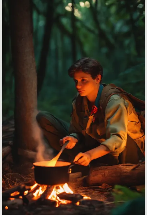 a scout is cooking on the campfire in the jungle