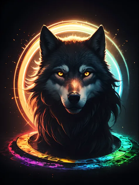 Painting of metal polished skull on black background,A rainbow surrounds the wolfs head，Form different structures， breath-taking rendering, Magical rainbow elements,Splendid round rainbow combination，circular composition，Solo