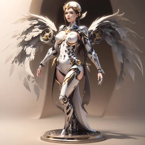 estilo, tema dourado, (1 mechanical female angel, anatomicamente correto, corpo inteiro, asas douradas, standingn, base circular), fundo preto e branco, (3D-rendering, melhor qualidade, alto detalhe, obra-prima, arte oficial, cinematic lighthing, 4K, claro...