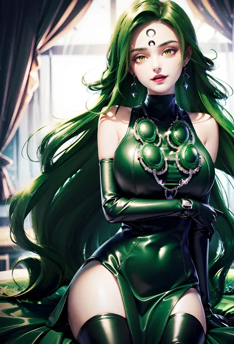 high quality, extremely detailed, perfect face,   esmeraude, long green hair, (black moon symbol on forehead), black latex bodyc...