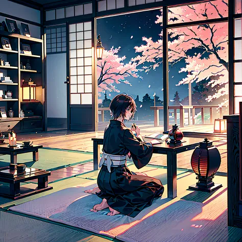 #quality (intricate-detail、hight resolution,8K,ultra-detailliert:1.2,cinematic shot,Shinkai Makoto style), #nigh sky (Darkness of the night,No light,cherryblossom), #One novelist (20 years old male、Honor Students、A dark-haired、short-hair、Hakama,Sit flat,Wr...