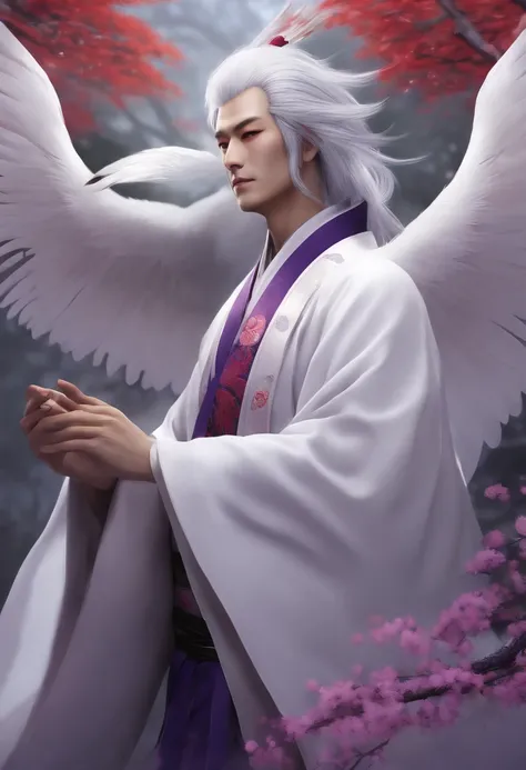 Man, Tengu, Onmyoji, Birds Beak, Shaggy, Gray Hair, White Feathers, Long Wings, Purple Pupils, Kimono, Japanese Style, Simple Background