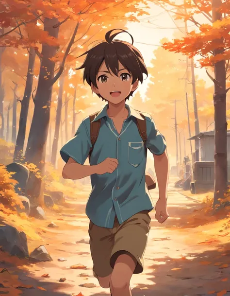 Costume planning theme autumn and winter return to dust , a boy in the camp land , wearing a scout shirt, running happily . There is 1 hut