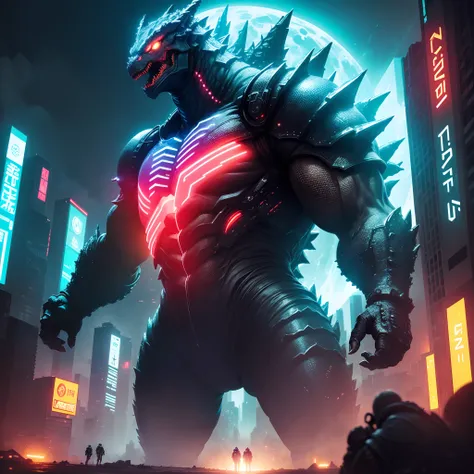 (Best Quality, hight resolution, Ultra-detailed:1.2), cyberpunked, A futuristic world, Giant monster,, masutepiece,Godzilla, Sci-Fi Monsters, Vibrant colors, neon light，Giant Monsters，Black Monster，