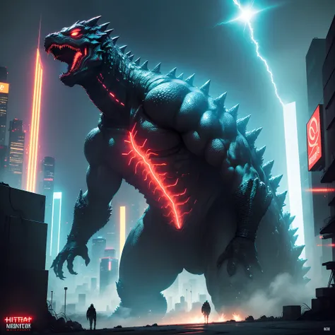 (Best Quality, hight resolution, Ultra-detailed:1.2), Cyberpunk Future World, Giant monster, ,masutepiece,  Godzilla, Sci-Fi Monsters, Vibrant colors, neon light，Beam from the mouth，Giant Monsters，Black Monster，