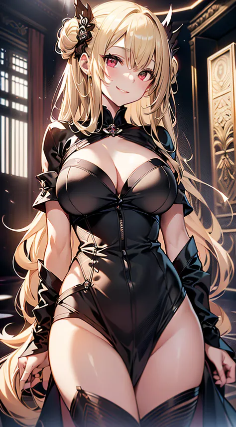 top-quality、Top image quality、​masterpiece、girl with((cute little、18year old、Best Bust、Medium bust、Bust 85,Beautiful red eyes、Breasts wide open,Blonde long hair、A slender、Middle knot、Fluffy black bathrobe、A smile)）hiquality、Beautiful Art、Background with((B...