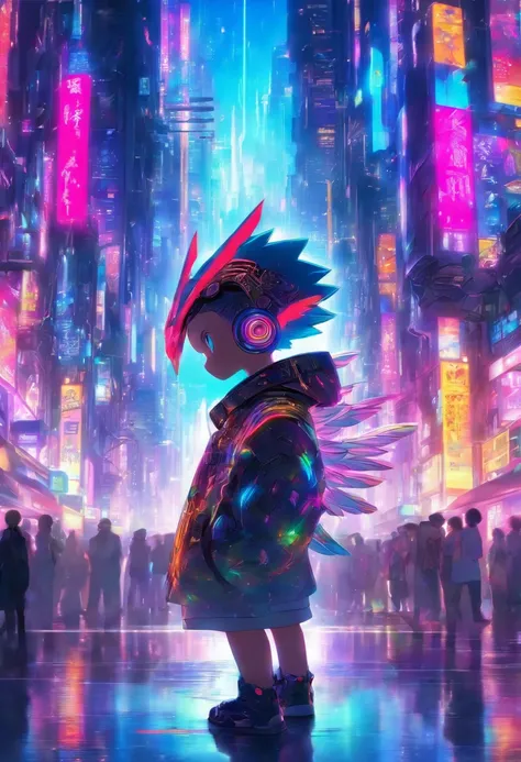 in the cyberpunk city, has angled wings on the back、Little boy standing in oblique figure with shiny ring on head , His dress can reflect the light around, side portrait,Half body, Look straight in the crowd, Cyberpunk city lighting on background, 3d anime...