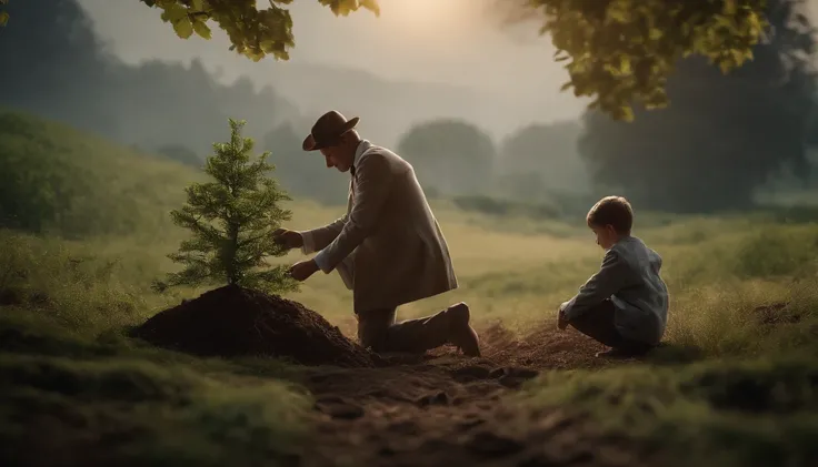 The male doctor and the boy planted a tree together