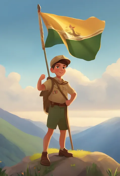 a scout boy is standing on the mountain and holding a lily flower flag