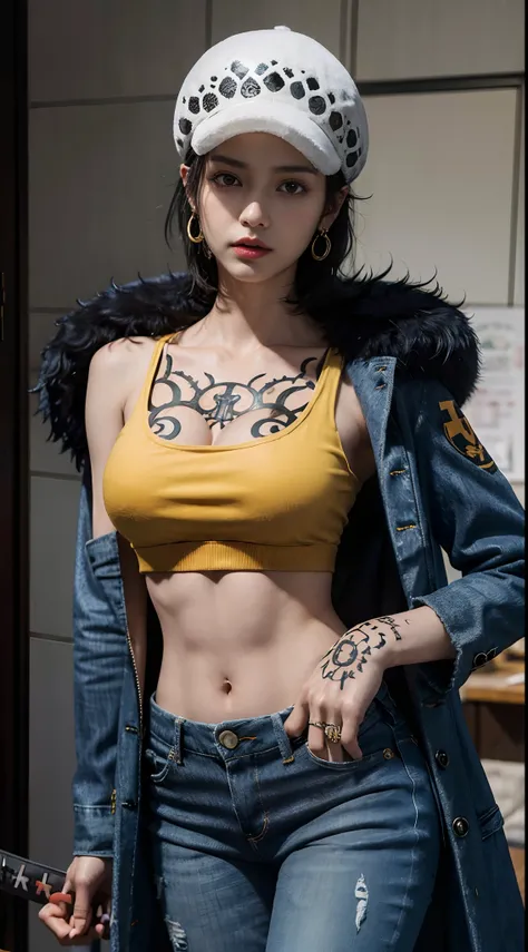 masterpiece, best quality, 8k,highestres, absurdres, extremely detailed, female trafalgar law, 1girl, 1sword, solo, looking at viewer, short hair, medium breasts, hat, navel, cleavage, collarbone, earrings, midriff, pants, coat, fur trim, denim, jeans, sho...