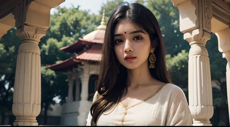 (((desi girl))), chubby face, natural skin, wearing hot deep neck top and dupatta, charming black hair, ((hair ends are blonde)), indian temple background, bokeh, west to head view.