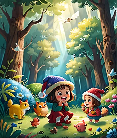 1 little girl, Laugh confidently., Show white teeth, Theres a red hat., Some small animals next to it., Forest Scene