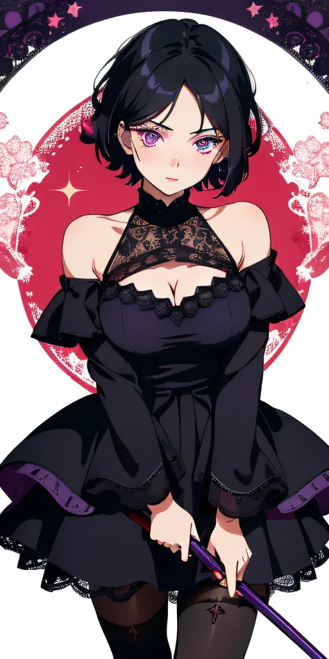 masterpiece, best quality, ultra-detailed, illustration,(1girl),beautiful detailed eyes, Sarada Uchiha, looking at viewer, close up, (breast focus), (arms behind back:1.2), (from above:1.1), black hair, black lace top, high neck lace, black lace covered sh...