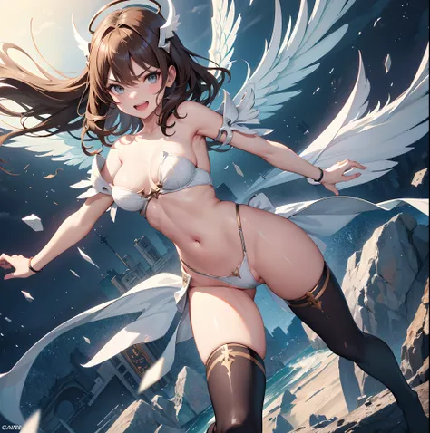 fantasy, 1angel_girl,child, loli,brown_hair, medium_bob_hair, long_bangs, halo,bare_shoulder,thighhighs,silver_armor, waist_armor, large_breasts,angry,grinning,open_mouth,teeth, 1pair_wings, dynamic_pose_fighting,floating, bare_crotch, headgear,gauntlet, g...