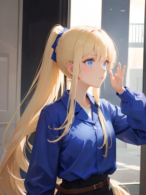 Long ponytail, Blue eyes, Blonde